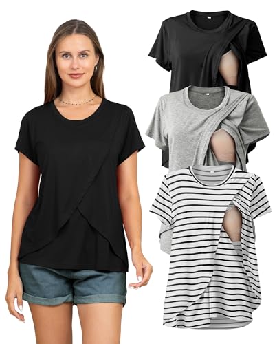 Image of Rnxrbb 3 Pack Women's Nursing Tops for Breastfeeding Summer Short Sleeve T Shirts Postpartum Double Layer Clothes