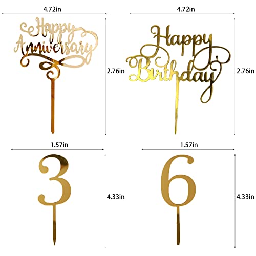 Happy Birthday Cake Gold Topper Golden Anniversary Insert And 0-9 Number Toppers Cake Topper Cake Decoration Supplies (12 Pieces) #TOP1