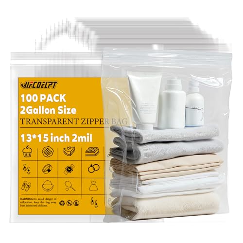 100 Count 2 Gallon Zip Storage Bags 1315 Reclosable Food Grade 2mil Plastic Zipper Bags for Storage Packing and Shipping