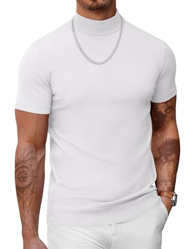 COOFANDY Mens White Mock Turtleneck Short Sleeve Knit Sweater Business Casual Mock Neck Shirt Basic Thermal Pullover Sweater All White X-Large