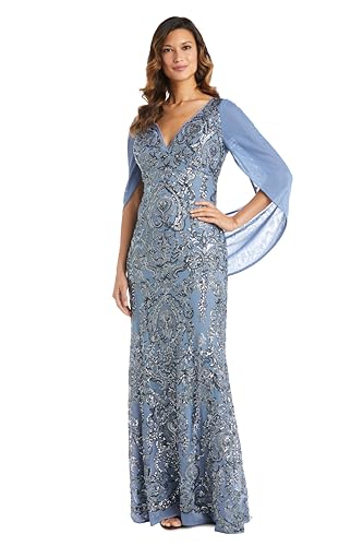 R&M Richards Elegant Beaded Long Gown W/Draped Sleeves & V-Neckline