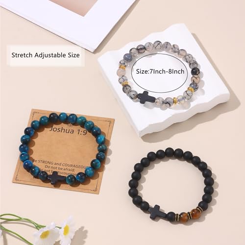 9Pcs Beaded Bracelets Cross Bracelet for Men Women Tiger Eye Natural Stone Bracelet Religious Christian Jewelry Gift3