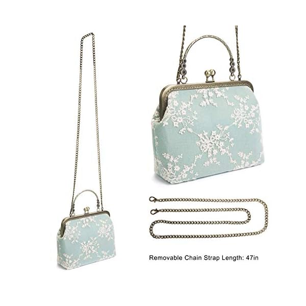 Women Vintage Kiss Lock Evening Purse Top Handle Handbag Lace Crossbody Shoulder Bag with Chain Starp Green - Image 4