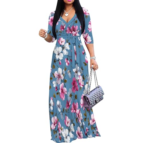 Image of Women Plus Size Long Sleeve V Neck Maxi Dress with Belt | Soft fabric relaxed fit three quarter sleeve v neck with pockets for party and daily wear