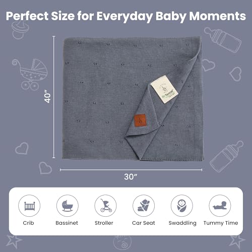 Image of Pointelle Double Layer 100% Tencel Baby Blanket - Breathable Temperature Regulating - Oeko-TEX Certified - 30x40 inch - Gift Box with Ribbon (Grey Blue)