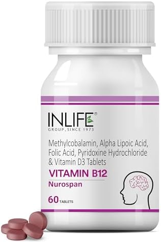 INLIFE Vitamin B12 (Methylcobalamin) 1500mcg Supplement with ALA, Folic Acid, Vitamin D3 | Nerve and Brain Health for Men & Women – 60 Tablets(Pack Of 1, 60)