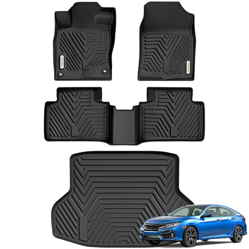 YITAMOTOR Floor Mats Fit for 2016-2021 Honda Civic Sedan, TPE All Weather Floor Liner for 2021 Honda Civic, 1st & 2nd Rows, Cargo Mats Black(Not for Hatchback/Coupe) 16-21 civic 1st&2rd
