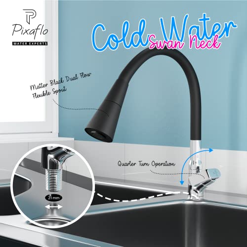 Image of Pixaflo Brass Swan Neck Tap with 360-degree Swivel Black Flexible Silicone Swivel Spout for Kitchen Sink and Wash Basin, Dual Flow (Meta)