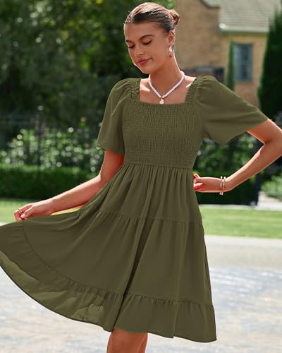 Image of BTFBM Womens Summer Smocked Mini Dress Spring Square Neck Flutter Sleeve Casual Ruffle Swing Boho Beach Dresses Pockets