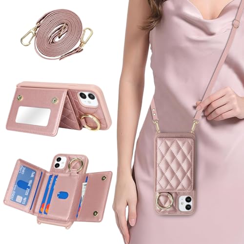 DEYHU for iPhone 11 Case with Card Holder and Strap for Women Crossbody Lanyard Make Up Mirror Ring Stand Snap Clasp Cute Phone Wallet Cases 6.1 inch - Dark Rose Gold