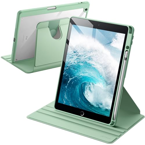 Image of JETech Rotating Cover Case for iPad 9 /8 /7 (10.2-Inch, 2021 /2020 /2019 Model, 9th /8th /7th Generation) with Pencil Holder, 360 Degree Rotation Stand Cover Clear Back, Auto Wake /Sleep (Matcha Green)