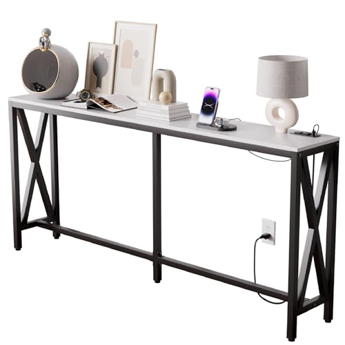 Image of Aquzee Console Table with 2 Power Outlet and 2 USB Ports, 70.9 inch x 11.8 inch x 31.5 inch Steel Frame Narrow Behind Couch Sofa Table, Extra Long White Entryway Table