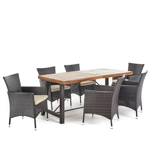 Outdoor Dining in Fort Wayne: Top Stylish Sets for Your Patio 8 Christopher Knight Home Outdoor Wood 7 Piece Dining Set with Wicker Dining Chairs and Water Resistant Cushions