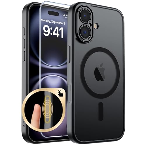 SUPFINE Magnetic for iPhone 16 Case with Camera Control Button,[Full Camera Protection][1+Tempered Glass Screen Protector] Slim Translucent Matte Shockproof Phone Cover,Black