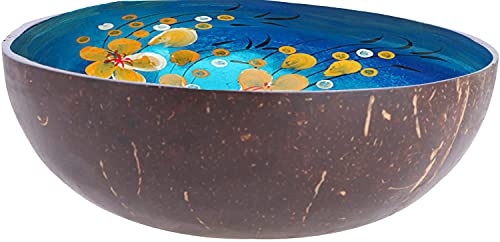 YEASQGS Hand Painted Floral Coconut Bowls Natural Coconut Shell Bowl Decorative Key Storage Bowl Candy Container Nuts Holder (Blue, 1) - Image 2