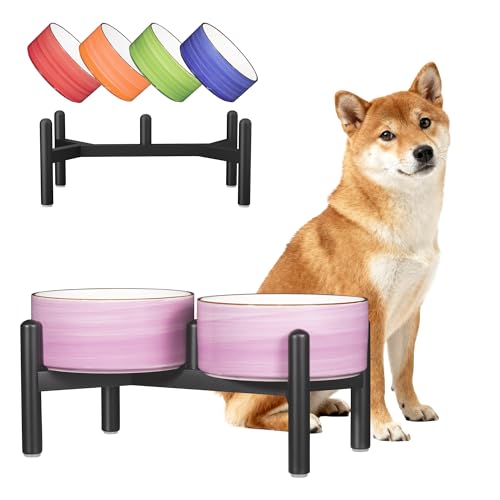 Set Ciotole per Cani Rialzate in Ceramica - Supporto Inox e Doppia Ciotola per Cani di Taglia Piccola e Media - Scodelle Rialzata Antiscivolo Rigate per Cibo e Acqua - 350g / 660ml - 15cm - Viola