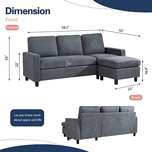 Jamfly 79" Convertible Sectional Sofa Couch, L Shaped Couch With Linen Fabric Small Sectional Sofa With Chaise For Living Room Clearance Set (Dark Gray) #TOP1