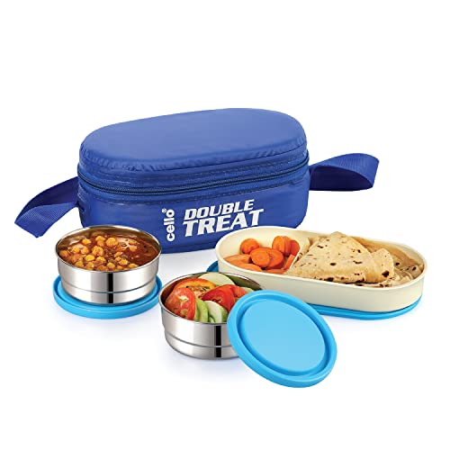 CELLO Double Treat Set of 3 Pcs Lunch Box for Office Use with Jacket Blue | 2 x 300ml Stainless Steel Containers, 1 x Oval Container |Lightweight Leak