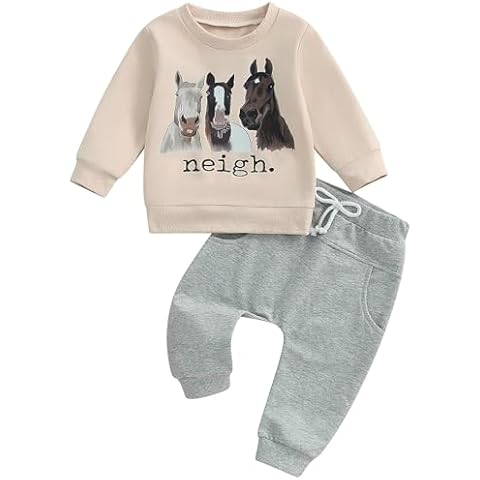 Pudcoco Toddler Baby Boys Girls Fall Clothes Farm Animal Outfit Horse Cow Chicken Sweatshirt and Jogger Pants Set (Beige Neigh Horse, 18-24 Months) Cover