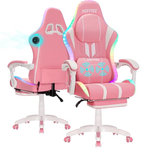 Pink Gaming Chair with Speakers and Massage Led Gaming Chair with Footrest Big and Tall Video Game Chair Reclining High Back Computer Desk Chair for Girls Pink and White HOGC-MAX303