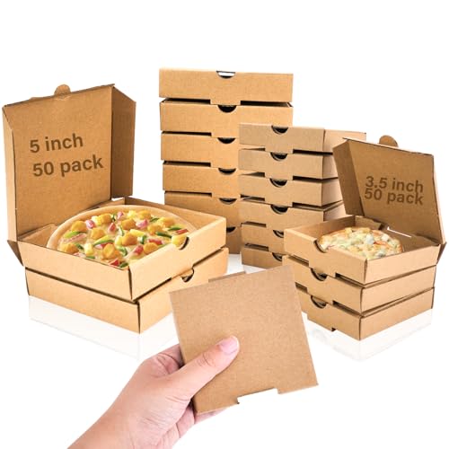 JIABEIUS 100 Pack Mini Pizza Boxes, 50 Pcs 3.5 Inch Kraft Small Pizza Boxes and 50 Pcs 5 Inch Food Containers Packing Boxes, Reusable Party Favors Takeaway Pizza Box for Mini Pies Pizza Cookies Cake