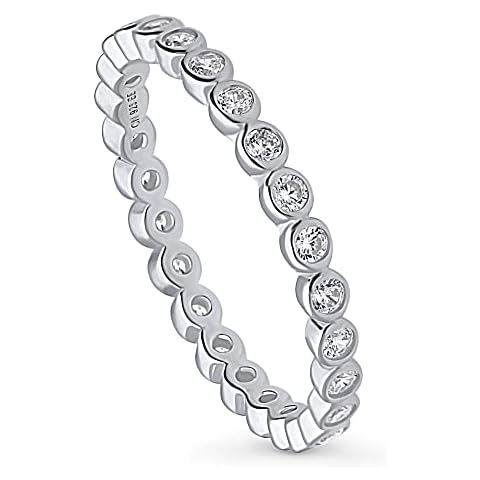 BERRICLE Sterling Silver Bubble Wedding Rings Bezel Set Round Cut Cubic Zirconia CZ Eternity Ring for Women, Rhodium Plated Size 6 Cover