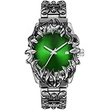 CARLIEN Gothic Claw Watch for Men – Unique Stainless Steel Wristwatch, Luminous Hands, Waterproof Quartz Movement, Futuristic Melting Style, Cool Red & Green Color Options(Green)