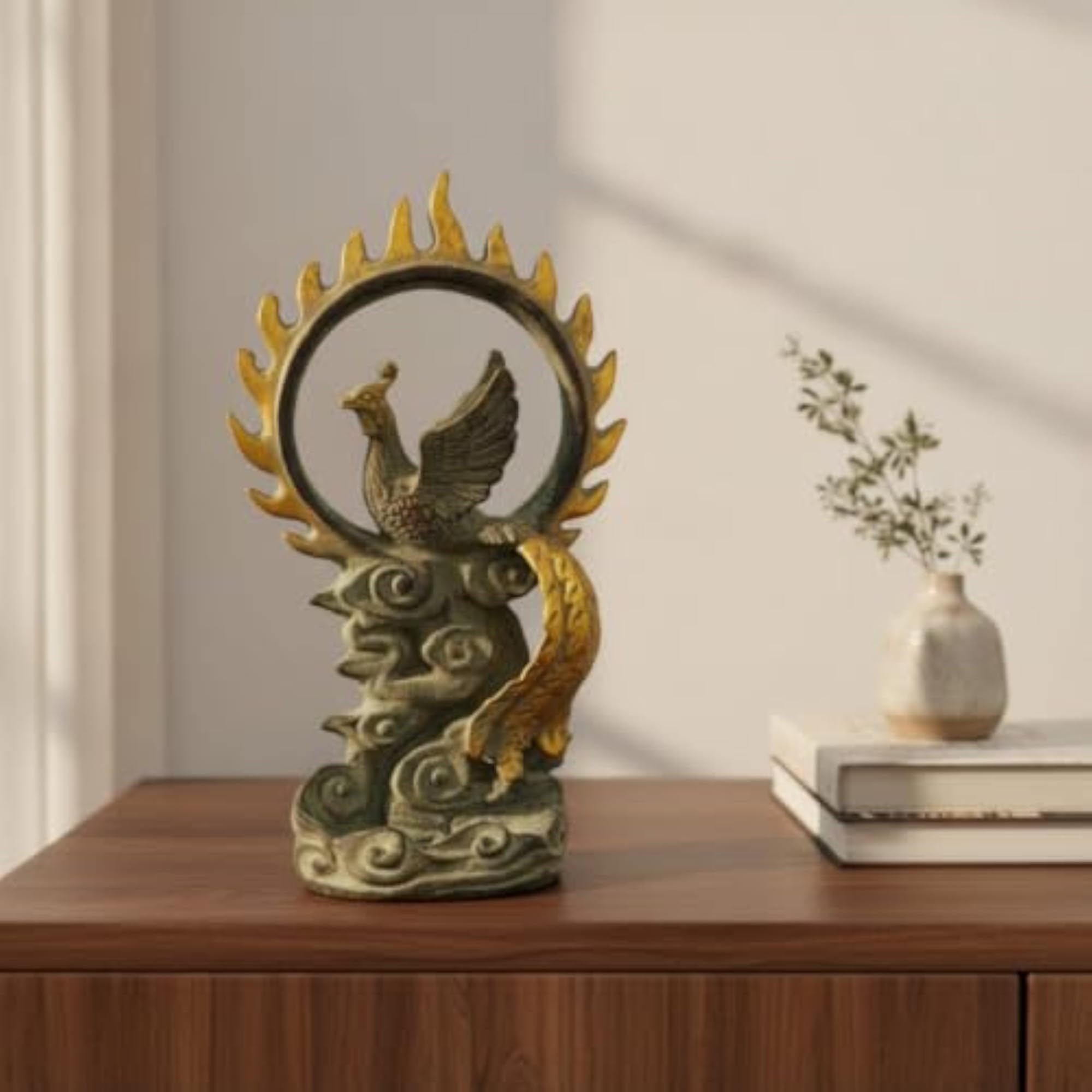 Antique-Style Phoenix Figurine with Cloud Base, Gold-Toned