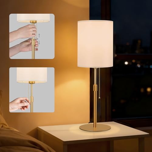 Tubicen Height Adjustable Table Lamps Fabric Shade Gold Bedside Table Lamp Plug in Nightstand Lamp with Pull Chain Switch Night Light Small Desk Lamp Lights for Bedroom Living Room Study Office