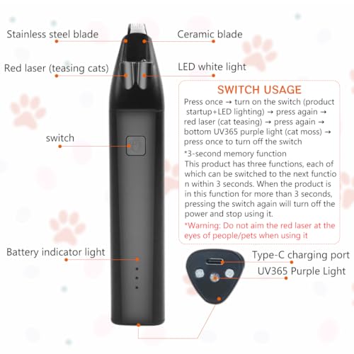 Image of Qpets Dog Hair Trimmer, Pet Grooming Tool with LED Light & Laser Guide for Safe & UV Sanitizing Clipper, Low Noise & USB Rechargeable Pet Trimmer for Small Dogs & Cats