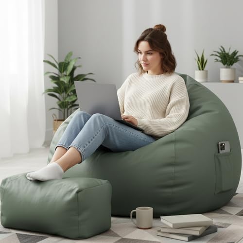 Image of Luxury 5XL Jumbo Bean Bag with Footrest & Cushion | Premium Leatherette | High-Density Beans Filled | Heavy Duty Double Stitch | 6 Months Warranty Color- (Navy Blue) (SAGE Green)