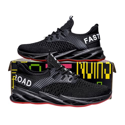 Fast Road Ablaze Runners - Black & Red Athletic Sneakers, Breathable Mesh, PVC Anti-Slip Soles, Cushioned Comfort, Secure Fit for Runners & Gym Enthusiasts US 6.5-123