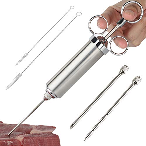 Meat Injector Syringe Stainless Steel Flavor Food Injector Large Capacity Meat Injectors for Smoking, BBQ, Turkey Meat Injector Kit with 3 Marinade Needles 2 Brushes