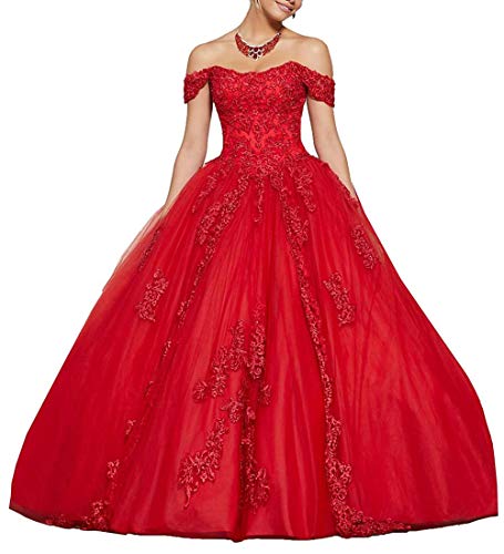 HUINI Robe de Bal Princesse Robe de Mariée Hors Epaule Robe Quinceanera Femme Dentelle Strass Robe de Soirée Cocktail Dos Nu Rouge 46 Cover