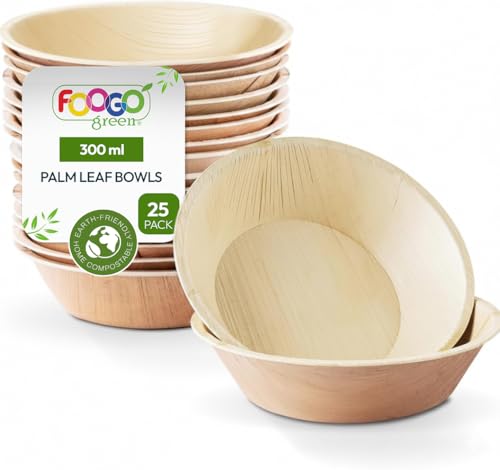 FOOGO Green 25pcs Disposable Palm Leaf Bowls 6 (15cm) 10.5oz (300ml) for Desserts & Salad Round Eco Friendly Biodegradable Compostable Like Wooden Bamboo and Paper Bowls Party