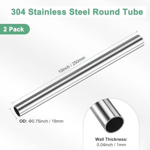 M METERXITY 2 Stück 250mm 304 Edelstahlrohr, 19mm Außendurchmesser 1mm Wandstärke Nahtloses Edelstahlrohr für Bau/Maschinenbau/DIY-Basteln, Metallgerades Rohr [19x0.04x10IN]