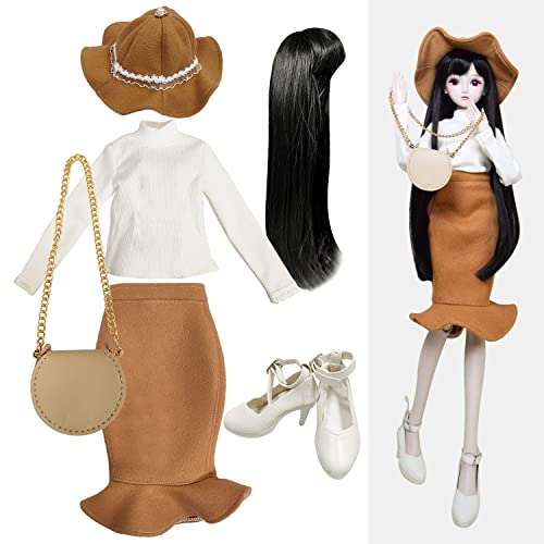 Proudoll 1 / 3 BJD Doll Costume Set - Handmade élégant Chemise à Manches Longues, Jupe Brune, Chapeau, Perruque, Sac à bandoulière et Talons Hauts, Compatible avec 60cm SD Doll
