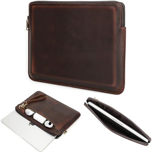 CataPurus Top Grain Leather 13.3' Slim Laptop Sleeve Case Bag, Vintage Design with 2 Zip Pocket, Handmade, Compatible with MacBook Pro 13.3' MacBook Air 2022 DELL XPS 13' & Other PC, Coffee 13.3 Inch
