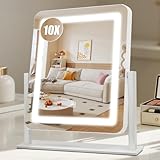 Rechargeable Vanity Mirror with Lights, 3000mAH Battery, 15'×12.2' LED Makeup Mirror, 10X Magnification, Smart Touch with 3-Color Lighting, 360° Rotation, Lighted Up for Makeup Desk, Bedroom (White)