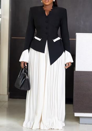 LROSEY Women 2 Piece Outfits Dressy Pant Suits Business Casual Blazer Sets with High Waisted Pleated Wide Leg Pants Plus Size2
