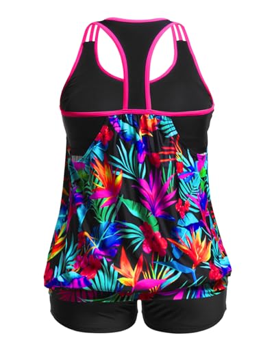 Image of Womens Plus Size Tankini Swimsuit Two Piece Tummy Control Bathing Suit | Blouson Racerback Tankini Top with Shorts, Double Up Design, Removable Pad