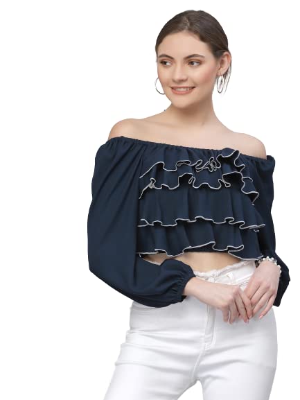 Image of Style Quotient Women Navy Blue Off-Shoulder Bardot Crop Top