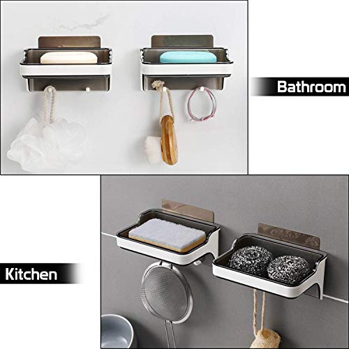 Image of KKD Plastic Self Adhesive Soap Holder Stand /Dish with Hanging Hooks - Wall Mounted, Bathroom Accessories /Organizer