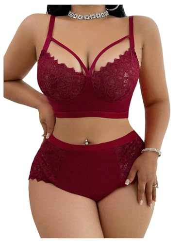 Image of MakeMeChic Women's Plus Size Lingerie Sets Contrast Lace Cut Out Wireless Bra and Panty Set