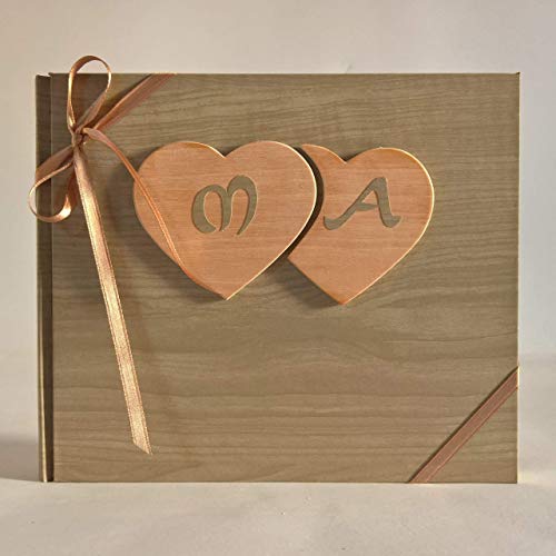 Album fotografico con pagine NERE innamorati carta effetto legno chiaro + cuori legno e iniziali personalizzabili WEDDING- SAN VALENTINO- ANNIVERSARIO
