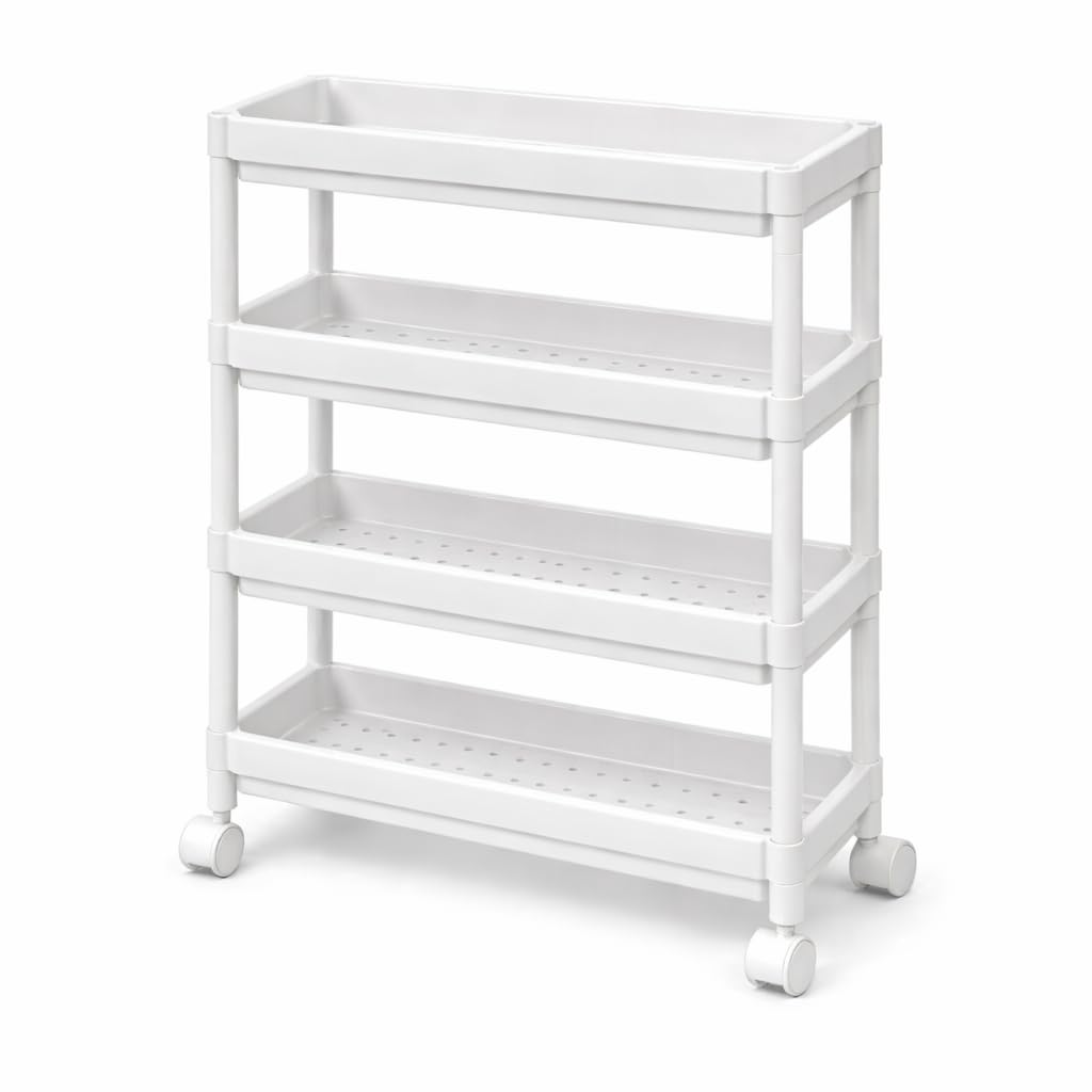 DIVCHI 4 Tier Storage Trolley Cart on Wheels Slim Rolling Slide-Out Slim Utility Cart Storage Shelving Organizer for Kitchen Laundry Narrow Space Rack Space-Saving Bathroom Bedside Trolley (White)