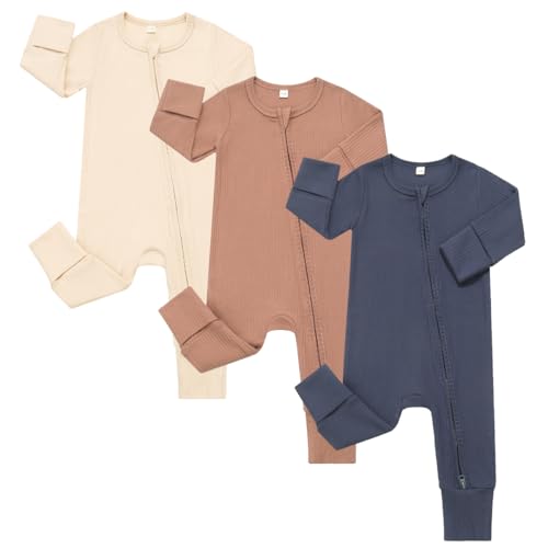 Image of Bafeicao 3 Pack Baby Boy Girl Rompers with Mitten Cuffs, Ribbed Cotton 2 Way Zipper Romper One Piece Jumpsuits Clothes