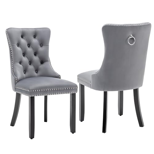 Image of Velvet Dining Chairs, Tufted Kitchen & Dining Room Chairs, Grey, Set of 2