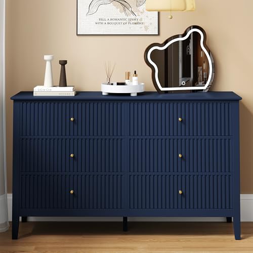 Image of RoyalCraft 6 Drawer Dresser, Fluted Modern Wood Chest of Drawers, Long Dresser for Bedroom TV Stand Storage Cabinet for Living Room, Blue