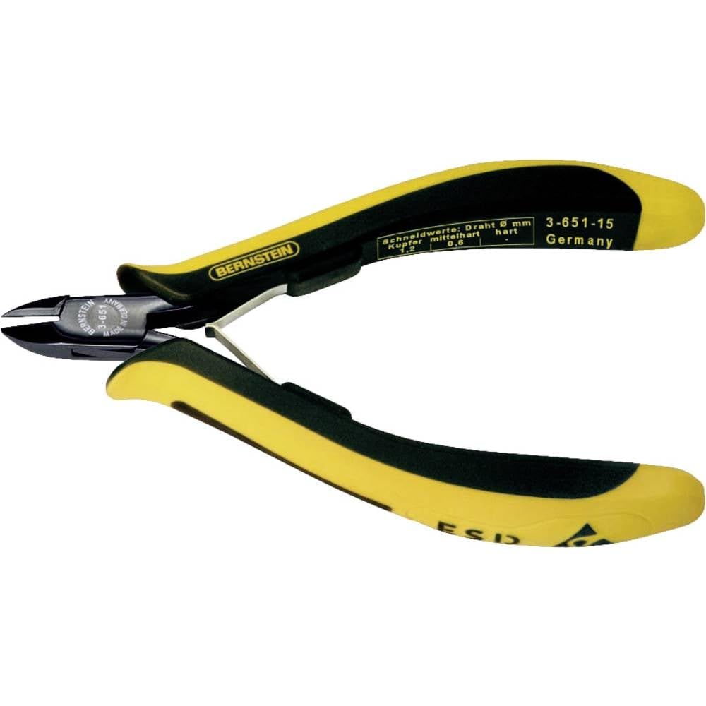 Bernstein Werkzeug Mini-Seitenschneider Euroline, 120 mm mit schmalem abgerundetem Zangenkopf ohne Wate, ableitfähige zweifarbige Handschutzhüllen, 3-651-15